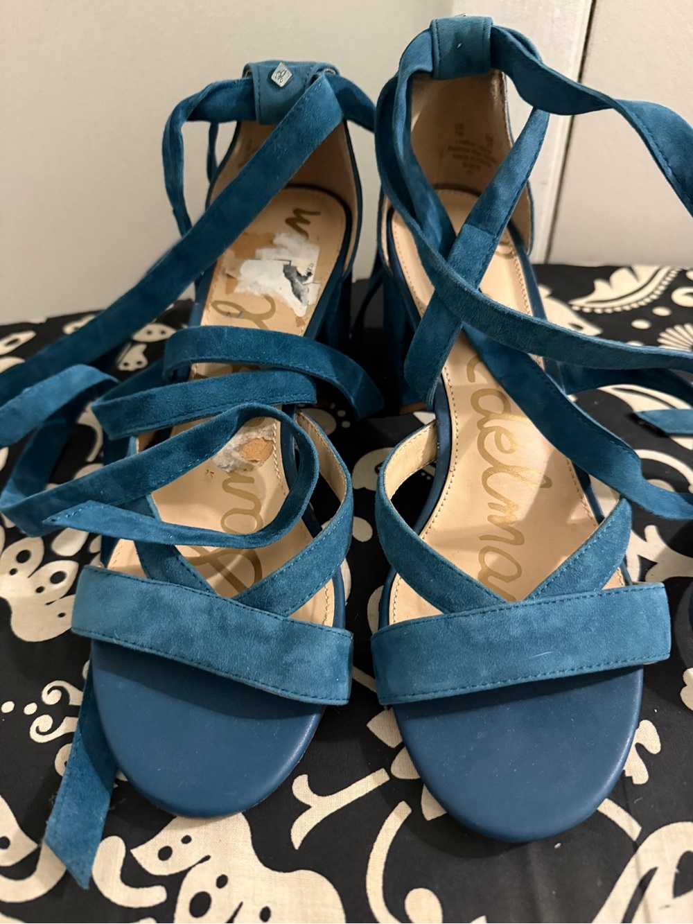 Teal Lace-Up Suede Sandals